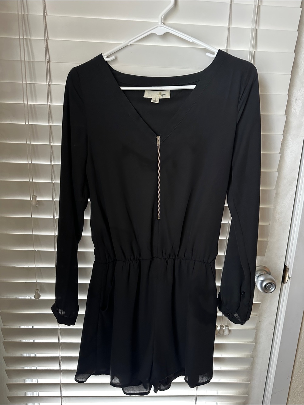 Black Long-Sleeve V-Neck Romper with Front Zip